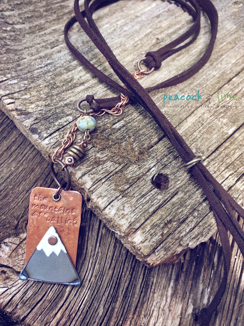 the Mountains are Calling handstamped necklace //rustic mixed metal/original handmade mountain peak jewelry/adjustable length vegan friendly image 9