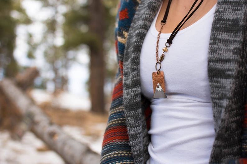 the Mountains are Calling handstamped necklace //rustic mixed metal/original handmade mountain peak jewelry/adjustable length vegan friendly image 1