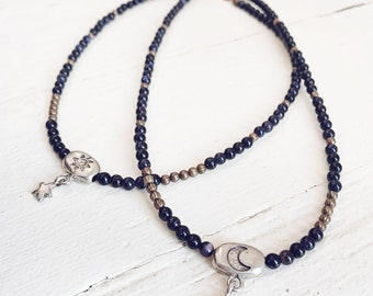 soluna / sun, crescent moon & star beaded choker necklace wrap bracelet / celestial boho style jewelry / blue gemstone beaded jewellery