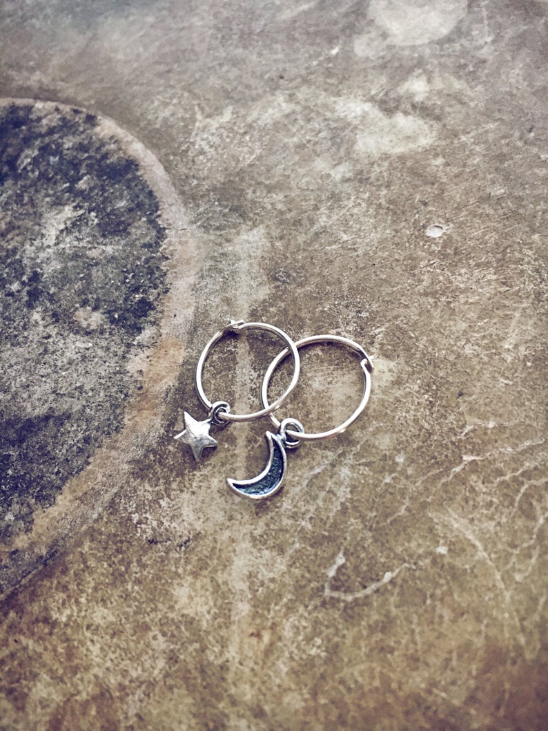 teeny tiny sterling silver hoop earrings // crescent moon & star sleepers // boho huggies // celestial // simple design // everyday jewelry image 6