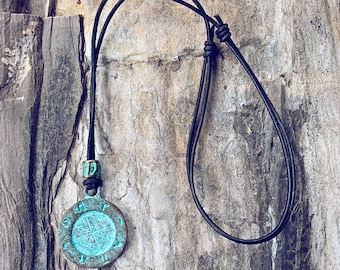 Men's Ancient Path patina compass medallion leather necklace // rugged jewelry // boys youth unisex adjustable // surf skate style