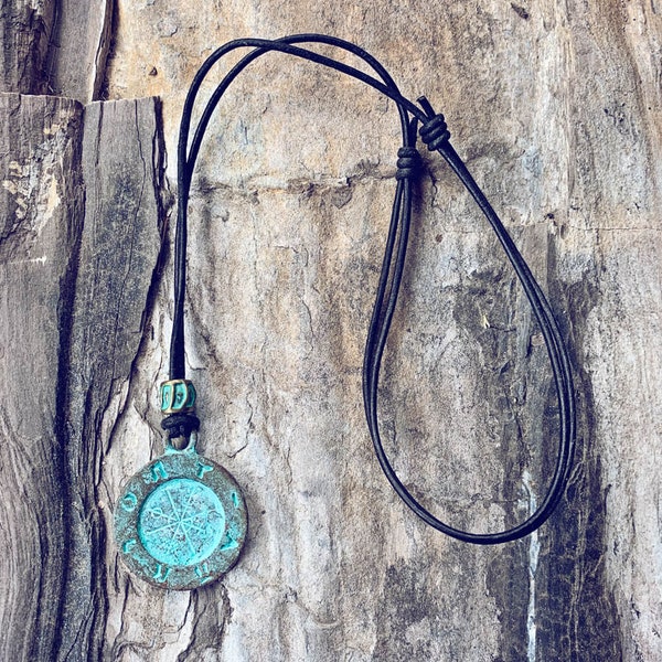 Men's Ancient Path patina compass medallion leather necklace // rugged jewelry // boys youth unisex adjustable // surf skate style