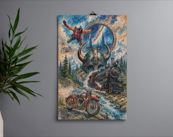 Vintage Industrial Steampunk Wall Art Print | Train & Motorcycle Skydiving Poster | Viking Cosmic Blueprint Canvas Decor For Man Cave