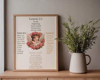 Pink Floral Scripture Wall Art Print | Sleeping Baby Angel Bible Verse Poster | Christian Nursery Canvas Decor Genesis Proverbs Isaiah