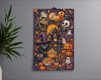 Spooky Halloween Wall Art Print | Frankenstein & Black Cat Poster | Haunted House Jack O Lantern Canvas Decor | Cute Skeleton Ghost Art