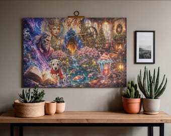 Whimsical Christmas Fantasy Wall Art Print | Dalmatian Puppy and Spellbook Poster | Magical Koi Pond & Crystal Cave Canvas Decor