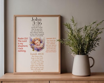 Christian Nursery Wall Art Print | Sleeping Baby Angel Scripture Poster | Floral Bible Verse Canvas Decor John 316 Jeremiah 2911