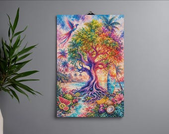 Vibrant Tropical Tree Beach Wall Art Print | Surfboard Sunset Coastal Ocean Poster | Rainbow Paradise Island Fruits Canvas Decor