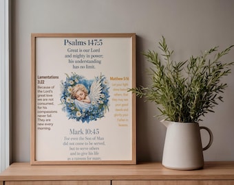 Blue Floral Scripture Wall Art Print | Sleeping Baby Angel Bible Verse Poster | Christian Nursery Canvas Decor Psalms Matthew Mark