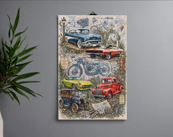 Vintage Classic Car Wall Art Print | Retro Automobile & Motorcycle Poster | Mechanics Blueprint Truck Canvas Decor For Man Cave