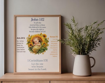 Sunflower Bible Verse Wall Art Print | Sleeping Baby Scripture Poster | Yellow Floral Christian Nursery Decor John Romans Acts 1 Corinthians