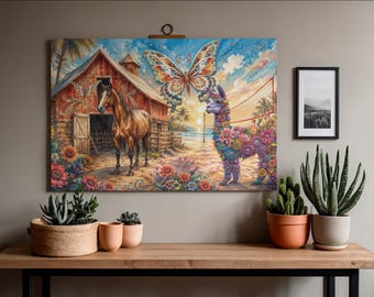 Floral Llama & Horse Coastal Wall Art Print | Tropical Farmhouse Beach Sunset Poster | Whimsical Barnyard Butterfly Canvas Decor