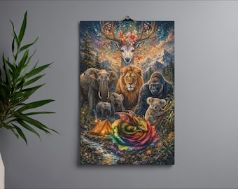 Epic Fantasy Animal Kingdom Wall Art Print | Sleeping Rainbow Dragon & Lion Poster | Mystical Deer Forest Mountain Canvas Decor