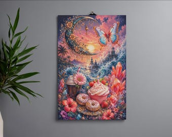 Whimsical Crescent Moon | Ocean Castle Wall Art Print | Strawberry Cupcake & Butterfly Poster | Celestial Fantasy Crystal Canvas Decor