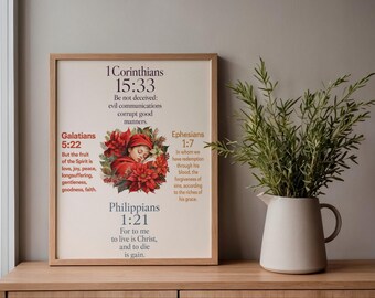 Red Poinsettia Christmas Scripture Wall Art Print | Sleeping Baby Angel Bible Verse Poster | Holiday Christian Nursery Canvas Decor Jesus