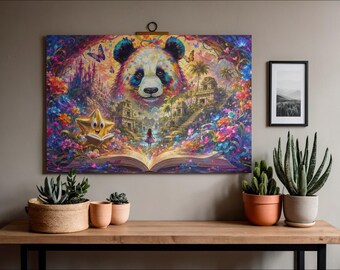 Vibrant Panda Fantasy Wall Art Print | Open Storybook Colorful Forest Poster | Whimsical Castle & Star Magical Nursery Canvas Decor