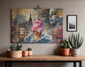 Surreal Paris Street Wall Art Print | Whimsical Tiger & Giant Ice Cream Poster | Celestial London Bus Fantasy Canvas Decor