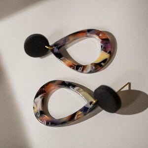 Drop earrings made of tortoise acetate and polymer clay | Handmade statement earrings | Lightweight | 18K gold-plated surgical steel image 1