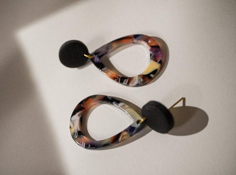 Drop earrings made of tortoise acetate and polymer clay | Handmade statement earrings | Lightweight | 18K gold-plated surgical steel image 1