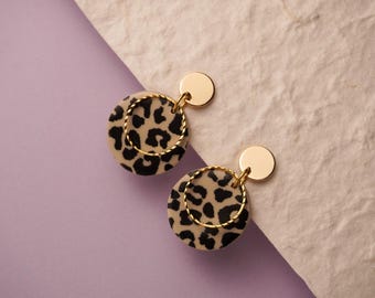 Leopard Print Earrings / Leopard Print Drop Earrings in Beige & Black / Statement Earrings / Polymer Clay / Gold or Silver / Dangle Earrings