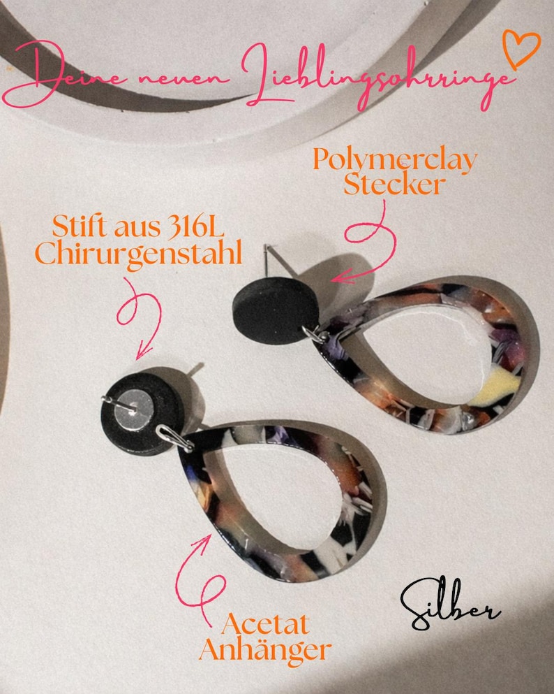 Drop earrings made of tortoise acetate and polymer clay | Handmade statement earrings | Lightweight | 18K gold-plated surgical steel Silber