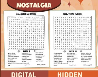 Puede incluir: Un libro de búsqueda de palabras de descarga digital titulado "Happy Days Nostalgia". El libro presenta tres rompecabezas temáticos: 1950s Classic Car Culture, 1960s Youth Fashion y 1970s Disco Fever. El libro está en letra grande.