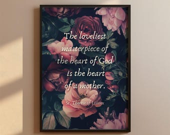 Arte de parede cristã para o Dia das Mães, citação de Santa Teresa de Lisieux, presente para mães católicas, impressão sobre maternidade, decoração floral cristã, pôster botânico