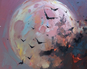 Full Moon Bats Art Print - Impasto | Vibrant Painting | Colorful | Halloween