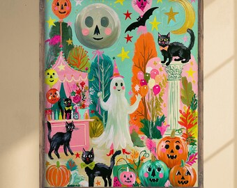 Colorful Vintage Halloween Scene Art Print: Holiday Animal Decor