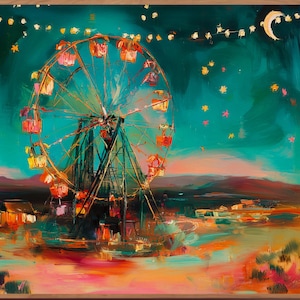 May include: An oil painting of a Ferris wheel at night, set against a teal sky with stars and a crescent moon. The wheel's cabins are lit with warm colors, and the landscape below is painted with vibrant hues of pink, orange, and purple. The artwork is framed in a dark wood.