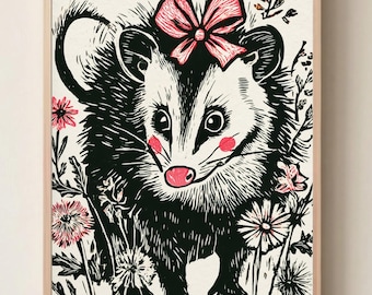 Pretty Possum with Bow Art Print – Surreal | Possum flowers – Quirky Animal Wall Decor