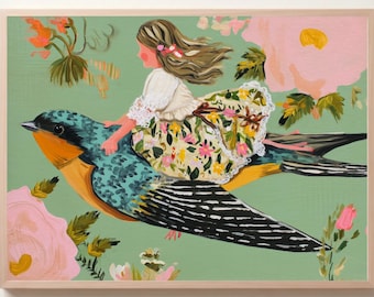 Girl and Bird Friend Art Print – Children, Nursery, Playroom, Kids, Sparrow, Swallow, Avian