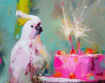 Birthday Cockatoo Art Print • Vibrant Nature Wall Decor • Whimsical Wildlife Artwork