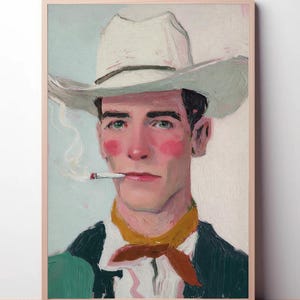 Surreal Cowboy Portrait Art Print: Neon Pop Western Wall Decor
