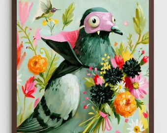Halloween Pigeon Vampire Art Print: Holiday Animal Decor