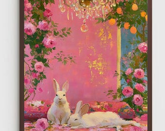 Whimsical Bunny Oil Painting Art Print: Victorian Cottagecore Decor