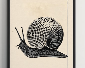 Snail Disco Linocut Print: Retro Garden Wall Art