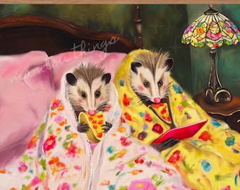 Pizza Night Art Print – Surreal | Possum eating pizza in bed – Quirky Animal Wall Decor