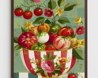 May include: A framed wall art print featuring a bowl filled with various colorful tomatoes and flowers. The bowl has red and white vertical stripes with floral accents. The background is a light green and white checkered pattern.