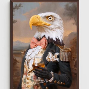 May include: A framed portrait of an eagle with a human-like appearance, wearing a black coat, pink bow tie, and holding a glass of amber liquid. The eagle has a yellow beak and is set against a landscape background.