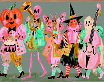 Lámina artística del Desfile Musical de Halloween: Decoración de pared con coloridos personajes disfrazados