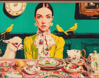 Lámina artística de llama: majestuosa, té de la tarde, fiesta, Europa, retrato floral de animales, estilo cottagecore.