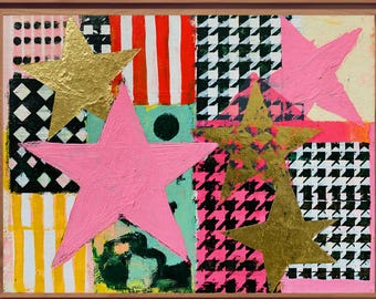Lámina artística abstracta de estrellas coloridas, decoración de pared maximalista con tablero de ajedrez y rayas.