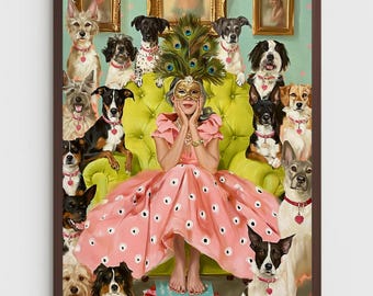 Woman Dog Lover Art Print- Quirky Wall Decor, victorian, cottagecore, grandmacore, dog, goldendoodle, tea