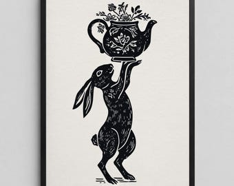 Rabbit Tea Party Linocut Inspired Art Print: Surreal Quirky Animal Wall Decor | Floral | Wood