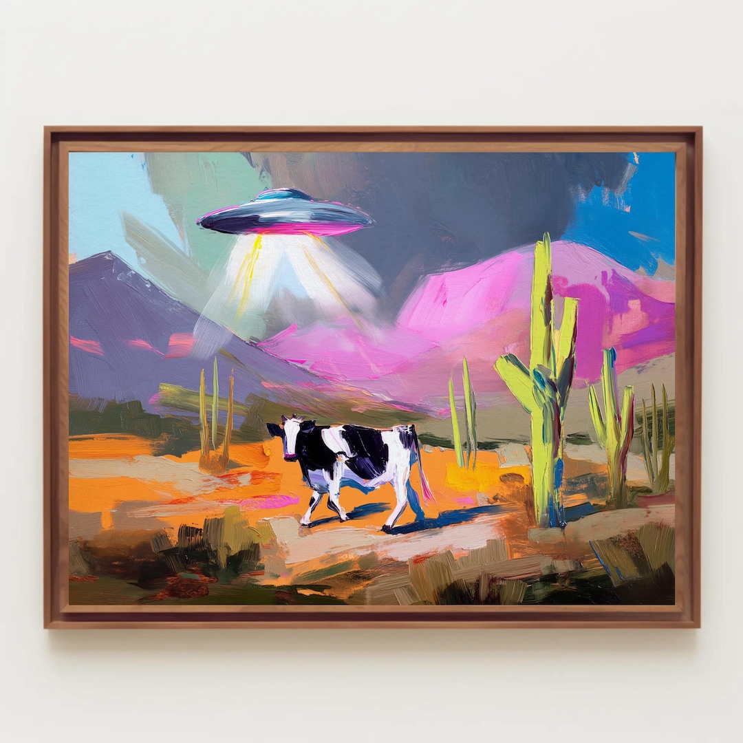 Cow Abduction Art Print: Whimsical Alien Surreal Desert Decor | UFO - Etsy