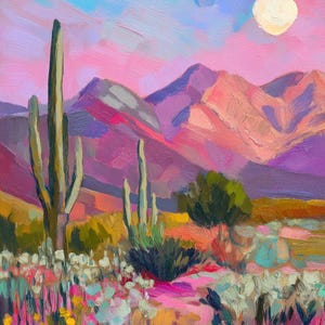 May include: An impressionistic painting of a desert landscape. The artwork features a vibrant color palette of pink, purple, yellow, and blue. Tall cacti stand in the foreground, with mountains and a full moon in the background. The style is reminiscent of oil painting.