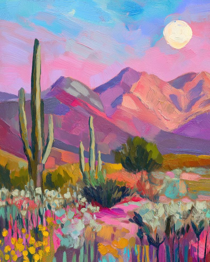 May include: An impressionistic painting of a desert landscape. The artwork features a vibrant color palette of pink, purple, yellow, and blue. Tall cacti stand in the foreground, with mountains and a full moon in the background. The style is reminiscent of oil painting.