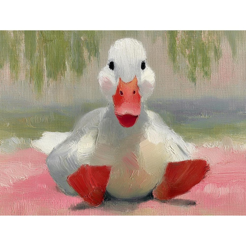 Puede incluir: Pintura de un pato blanco con pico y patas rojos, sobre un fondo rosa. El pato est&aacute; representado sentado, con una textura suave y esponjosa. El fondo muestra pinceladas verdes y azules.
