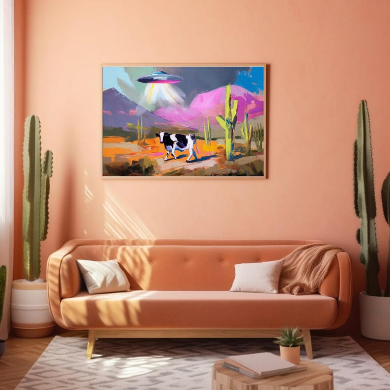Cow Abduction Art Print: Whimsical Alien Surreal Desert Decor | UFO - Etsy